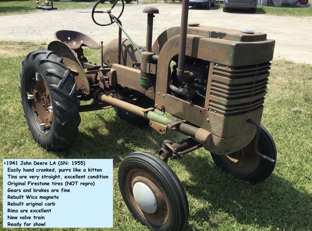 #TFS00025
1941 John Deere LA, SHOW & PARADE READY!
SN 1955
Mechanically Restored, Purrs!
$3000 LOCAL PICKUP ONLY